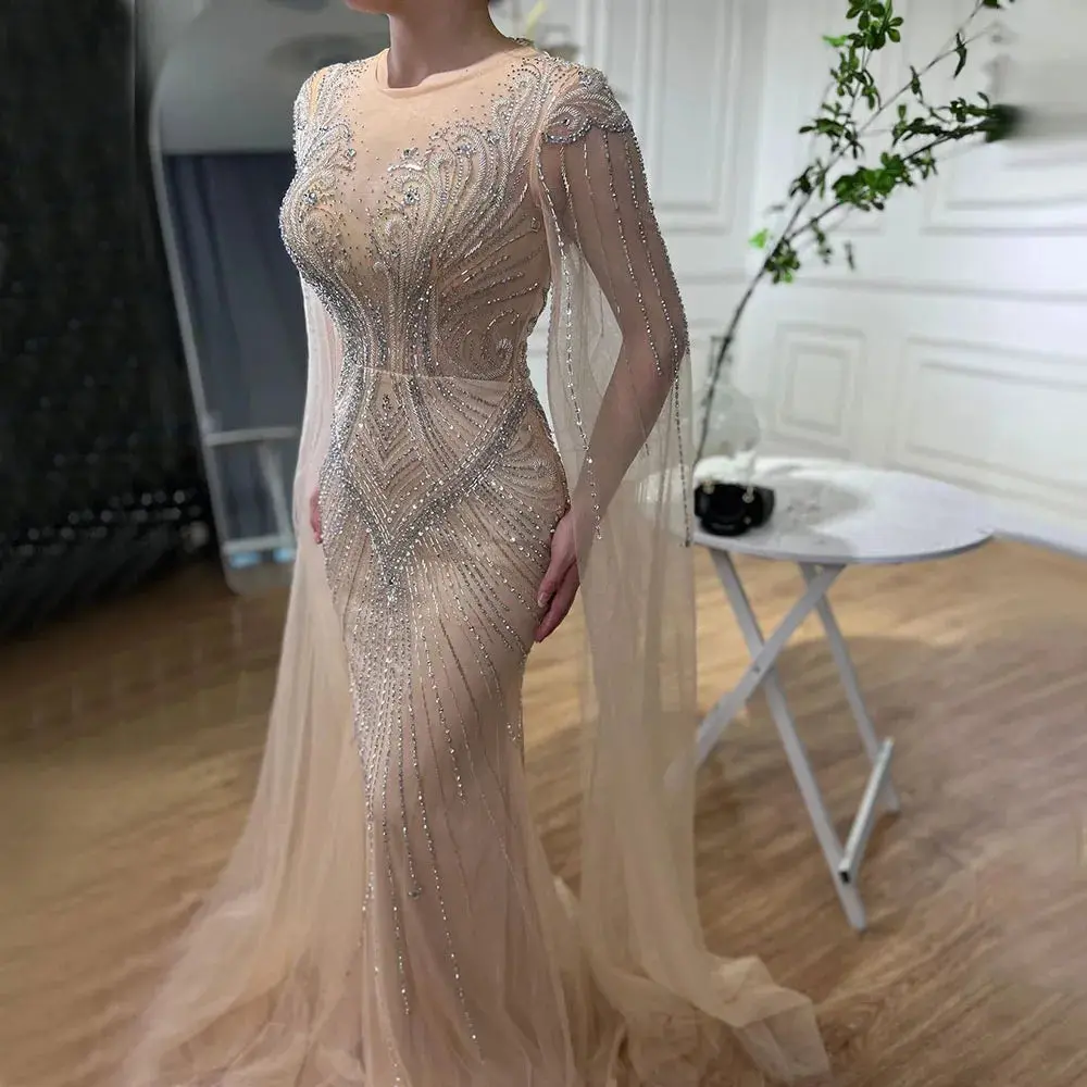 Arabic Nude Mermaid Evening Dress 2025 with Cape Sleeves, Elegant Beaded Luxury - Ideal for Women's Wedding Party