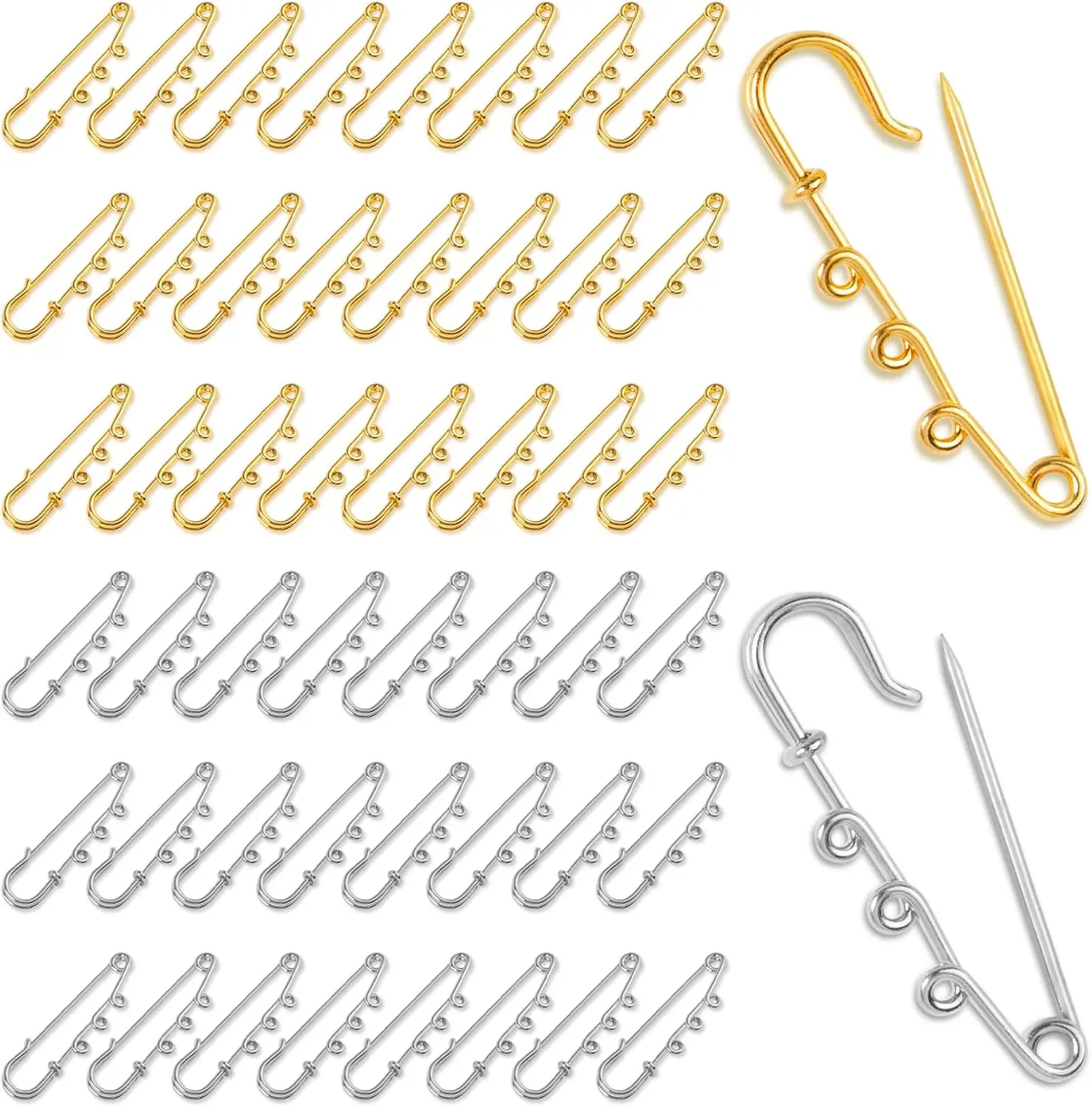 50 PCS Safety Pins, Heavy Duty Safety Pins Metal Brooch Pin with Loops, Kilt Pins, Sock Pins Charms for Blankets Skirts Knitted Fabric Crafts (Gold, Silver)