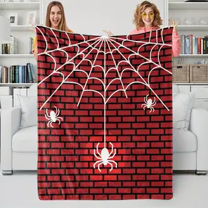 Red Brick Wall Spider Web Flannel Blanket, 3d Digital Printing Cover Blanket, Skin-Friendly and Warm Sofa Bed Blanket, White Spider Embellishment, Cozy Gift Blanket For Children and Teenagers, Lightweight and Durable, Suitable For All Seasons