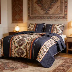 Southwestern Style Geometric Quilt Bedspread Set 3-Piece Lightweight Soft Polyester Navy Terracotta Earthy Tones Queen King Size Machine Washable Easy Care