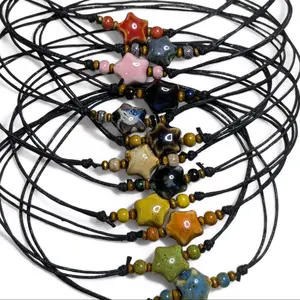 Y2K Style Ceramic Necklace Beaded Star Boho Hippie Whimsical Adjustable Black Rope Cord Choker Stacking Necklace jewelry