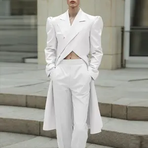 INCERUN Men 2025 Autumn Asymmetric Tail Crop Blazer, Bubble Shoulders And Belly-Baring Design, Perfect For Runway Shows, Fashion Parties, And Performance Tops.