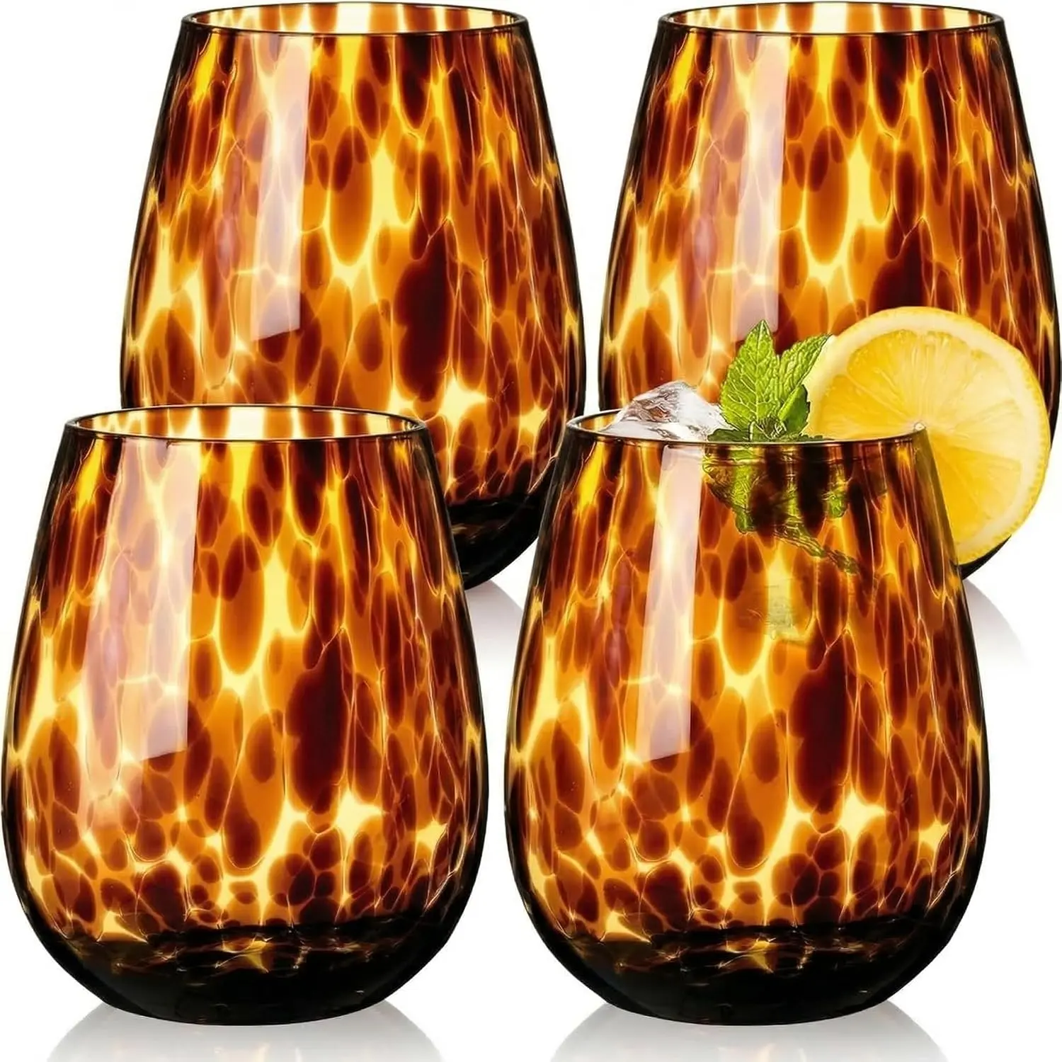 Tortoise Shell Stemless Wine Glasses Set of 4, Brown Decorative Tumbler Cups for Wine & Drinks， Stemless Drinking Glasses for Wedding Gifts, Housewarming, 15oz