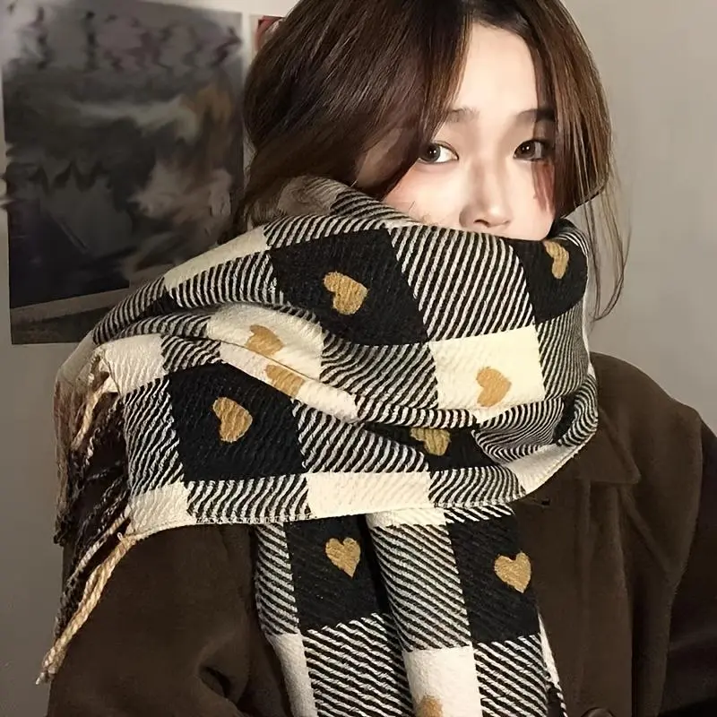 Women's Casual Heart Print Scarf, Thick Double-Sided Polyester Wrap, Warm and Windproof for Autumn and Winter, Double Sided Scarf, Polyester Clothing, Polyester Clothes