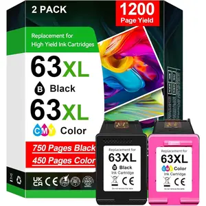63XL Ink Cartridges Combo Pack Replacement for  Ink 63 63XL Black Color Compatible for Envy 4520 4510 OfficeJet 3830 4650 5200 5255 5258 3833 DeskJet 1112 2130 3630 3632 Printer, 1 Black 1 Color