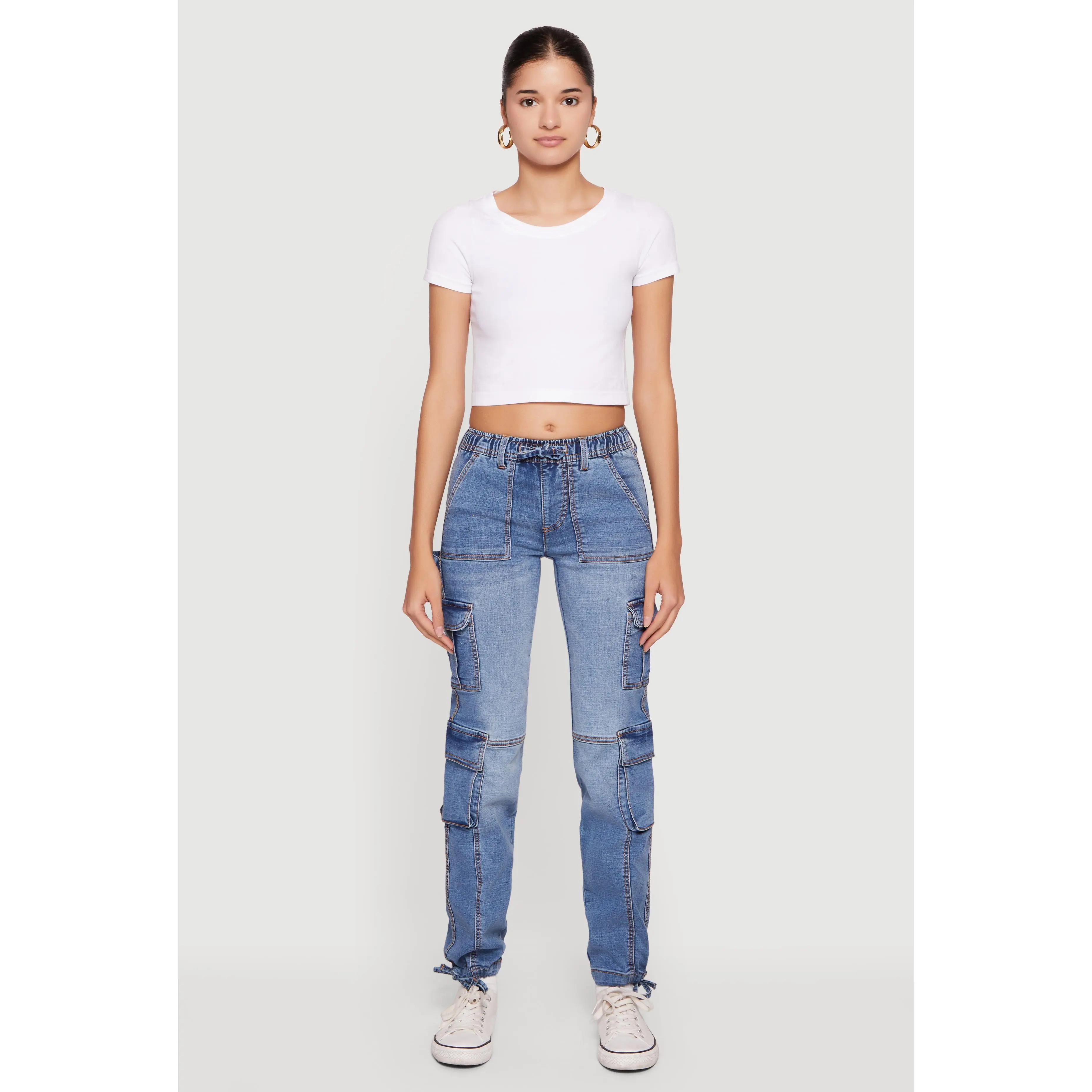 Drawstring Waist Mid Rise Cargo Pocket Denim Joggers Drawstring Waist Mid Rise Cargo Pocket Denim Joggers