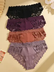 Women's Lace Patchwork Underwear Set, Comfortable Breathable Daily Wear Triangle Panties, 4-Piece Pack, Solid Color, Ladies' Lingerie Collection