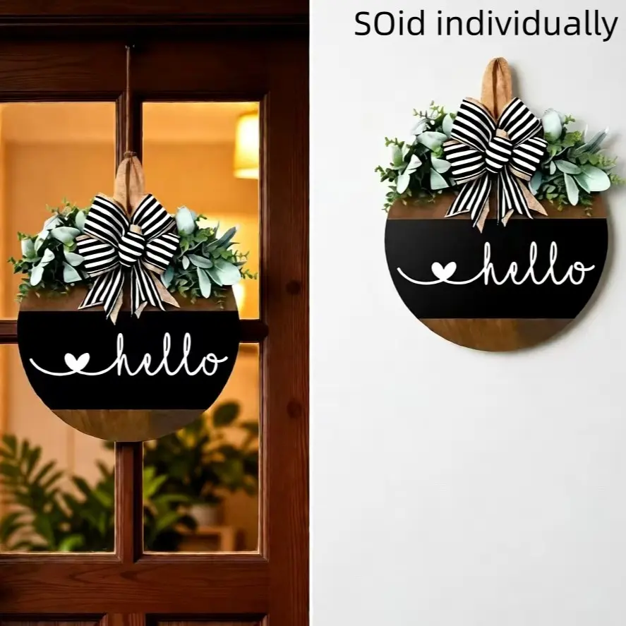 Classic Hello Sign Door Wreath, Artificial Flower Wreath - Manufactured Wood Floral Decor with Striped Bow, White Flowers & Greenery, Easy Door Mount for Home, Restaurant, Year-Round Welcoming Entryway Display, Home Decor, Decoration