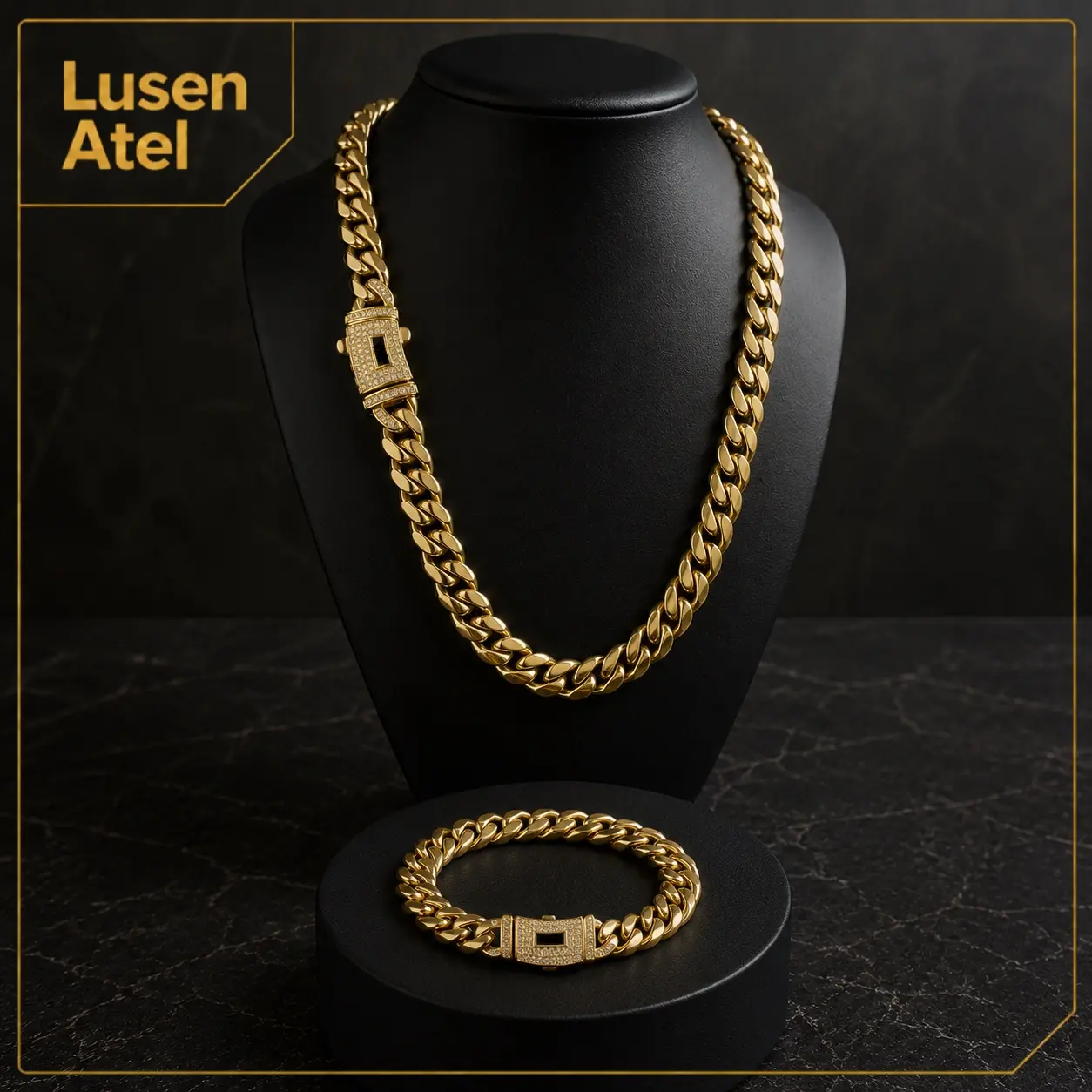 Unisex Cuban Link Chain Jewelry Set - 2-Piece Gold Plated Stainless Steel Necklace & Bracelet, Polished Hip-Hop Streetwear Accessories with Iced Out Bling Effect Clasp