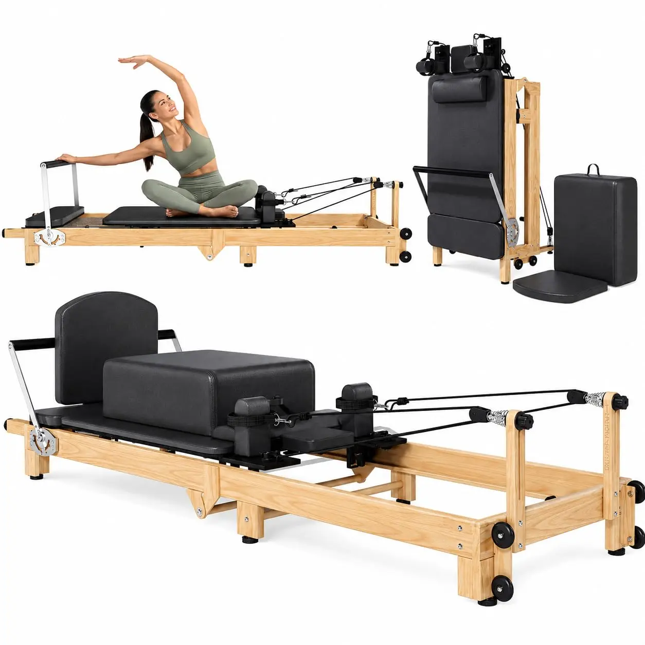 [2 packages shipping]YODOLLA 92" Foldable Pilates Reformer Machine, Wooden-Look Home Gym Equipment with Resistance Springs, Latex Resistance System, 90% Pre-Assembled Workout Bundle