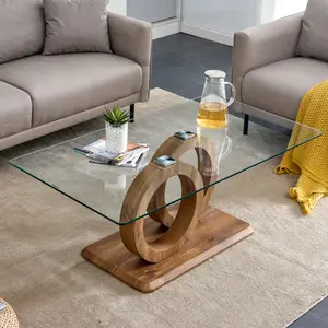 [Bellemave] 47.2" Rectangular Coffee Table| Tempered Glass Tabletop & Wood Grain Legs| Modern Living Room Accent Table﻿