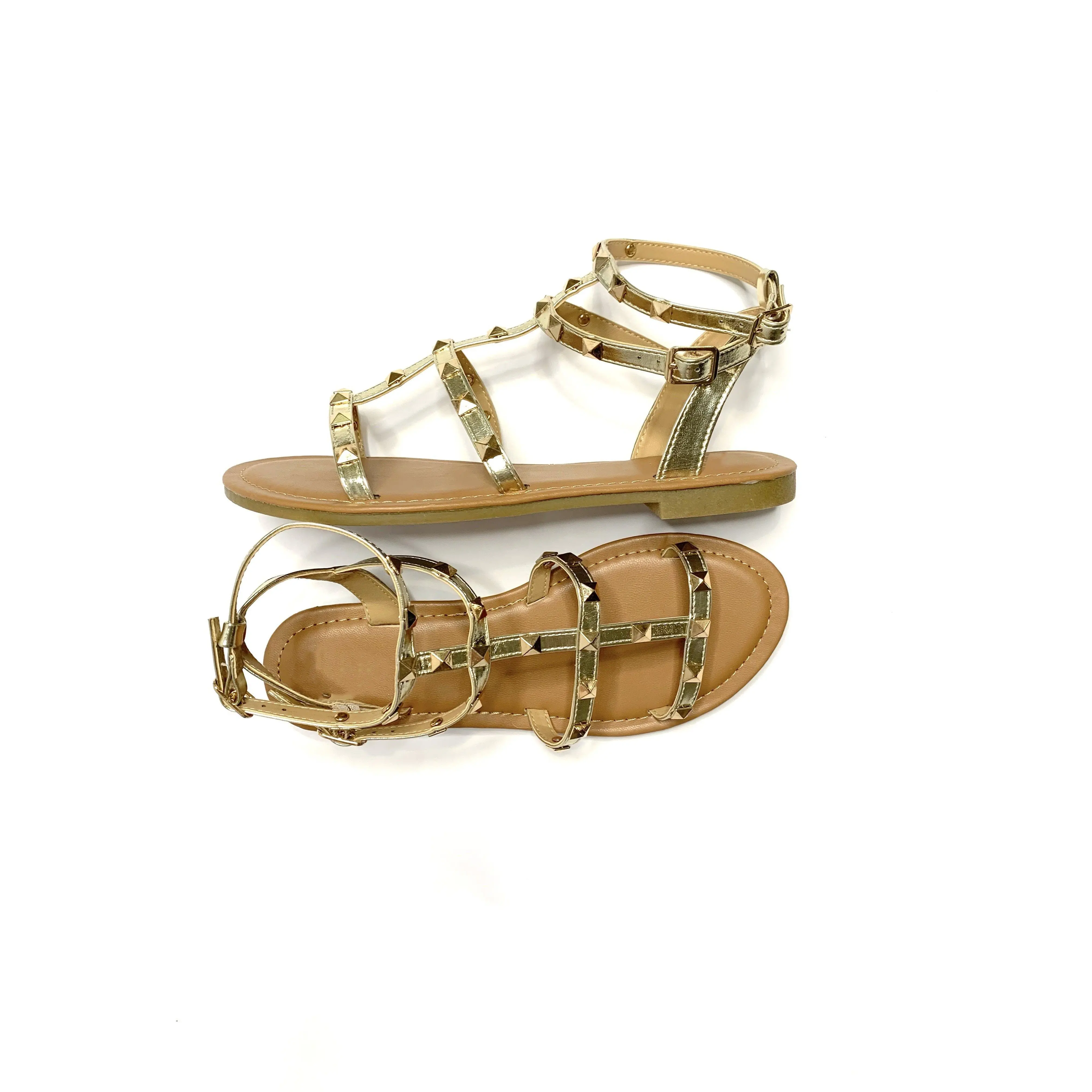 Stefania Studded Gold Metallic Gladiator Flat Sandal
