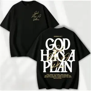 Retro Printed T-Shirt, 'GOD HAS A PLAN' Letter Graphic Tee,Slightly Cropped, Crewneck, Distressed Streetwear, Men's Casual Comfortable Fashion Tops Smooth Fabric Seamless Soft Tshirt graphic tee t shirt