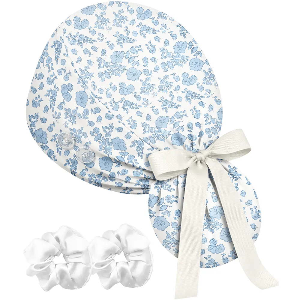 Plifal 100% Cotton Satin-Lined Ponytail Scrub Cap with Buttons & Sweatband | Elegant Floral Printed Adjustable Surgical Cap with 2 Scrunchies for Women Nurses