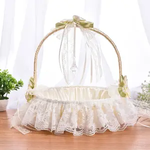 Western Wedding Bamboo Basket with Rhinestone Lace Trim, Flower Girl Handbag, Small Floral Basket for Weddings, Model Xinghao Hl-5625