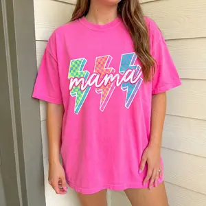Comfort Colors Lightning Checkered Mama Tee, Neon Rock Mom Design, Bright Lightning Bolt Top, Cool Motherhood Gift for Her, Trendy Mama Style Casual Shirt