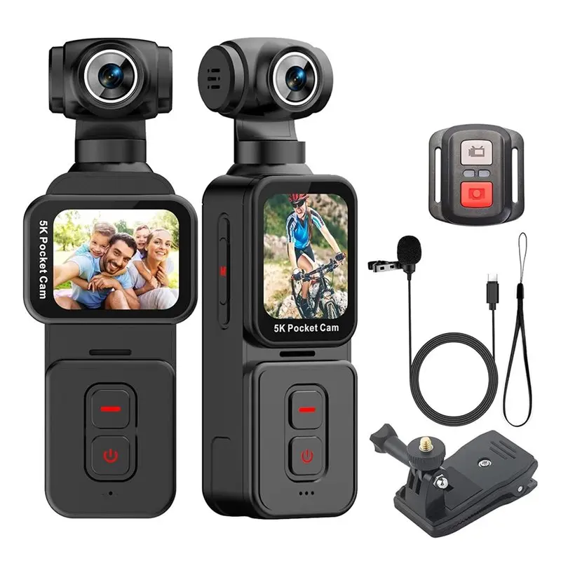 5K Pocket Vlogging Camera Body Camera with Microphone, 5K/30FPS and 4K/60FPS, 1.69'' Touchscreen, 270° Rotating Lens, Face Tracking, Wi-Fi, 6-Axis Stabilization, for YouTube, Travel, Charging Remote
