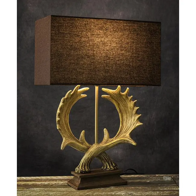 Western Rustic Vintage Entwined Shape 2 Elk Moose Antlers Sculptural Table Lamp - Polyresin Hand-Painted Art Desk Lighting with Mountain Vibe Home Decor