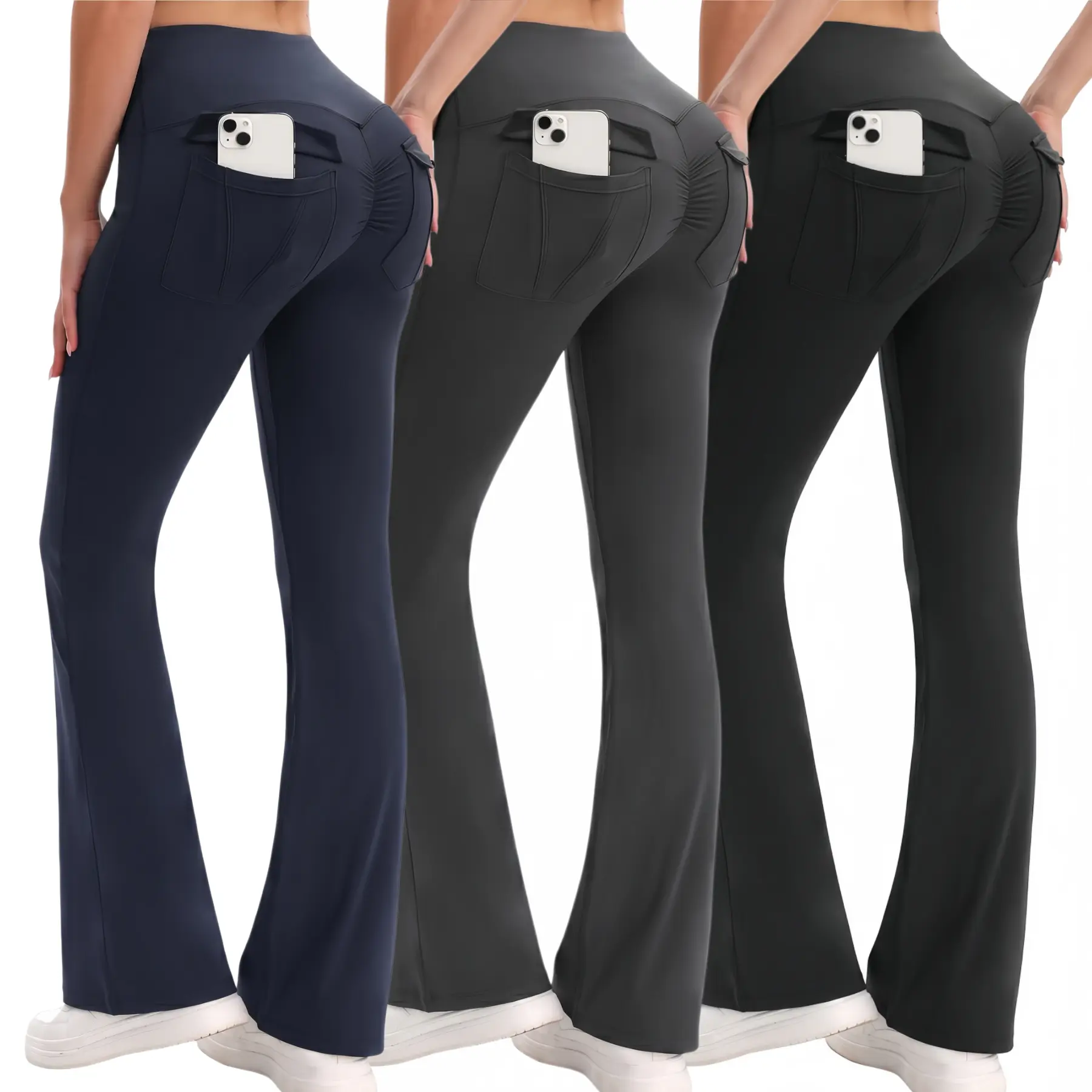 3PCS Women's High-Waisted Boot Style Carved Pleated Buttocks Flare Leggings Stretch Training And Fitness Flared , Super Comfortable Daily Pants shapewear leggings Gym Exercise Leggings
