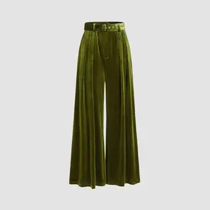 Cider [3 colors, size 0-10] Velvet Mid Waist Pocket Wide Leg Trousers With Belt