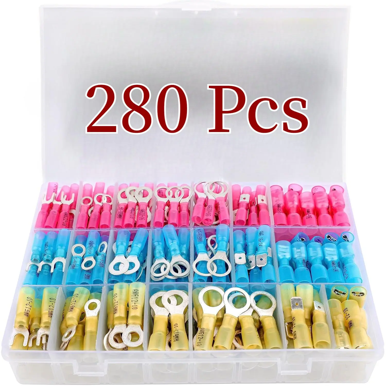 280PCS Marine Grade Heat Shrink Wire Connectors-Electrical Connectors Kit of Tinned Red Copper,Crimp Insulated Ring Fork Spade Butt Splice(3Colors/21Size) 16-14 22-16 12-10 Gauge quick disconnect