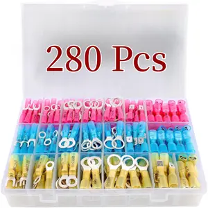 280PCS Marine Grade Heat Shrink Wire Connectors-Electrical Connectors Kit of Tinned Red Copper,Crimp Insulated Ring Fork Spade Butt Splice(3Colors/21Size) 16-14 22-16 12-10 Gauge quick disconnect