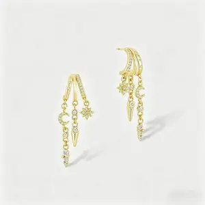 Gold triple-ring small earrings·long dangling chain·low-allergy luxury multifunctional jewelry·perfect gift for Valentine's Day and birthdays