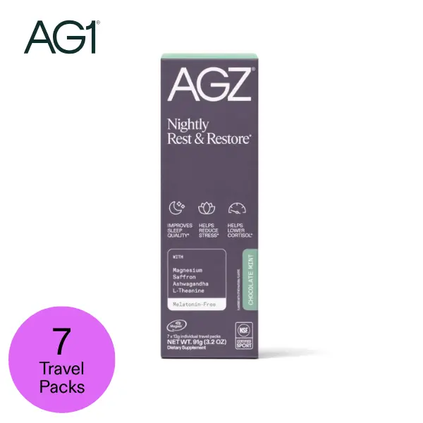 AG1 AGZ Sleep Drink – 7-Count Travel Pack, Calming Sleep Aid Powder, Melatonin-Free Nighttime Blend with Magnesium, Ashwagandha, Saffron & Valerian – Herbal & Adaptogen Drink Mix (Chocolate Mint) Visit the AG1 Store