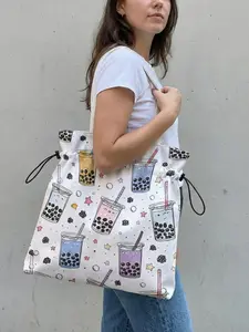 Pearl Milk Tea Pattern Drawstring Tote Bag, Large Capacity Shopping Bag, Durable and Wear-Resistant, Suitable for Work, Shopping, Picnic