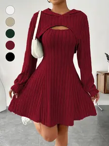 Women's Two-Piece Solid Color Knit Set: Casual Bishop Sleeve Cropped Hoodie & Tank Dress, Loose Comfortable for Daily Spring & Autumn Wear Womenswear Style Skirt Top Clothes Everyday