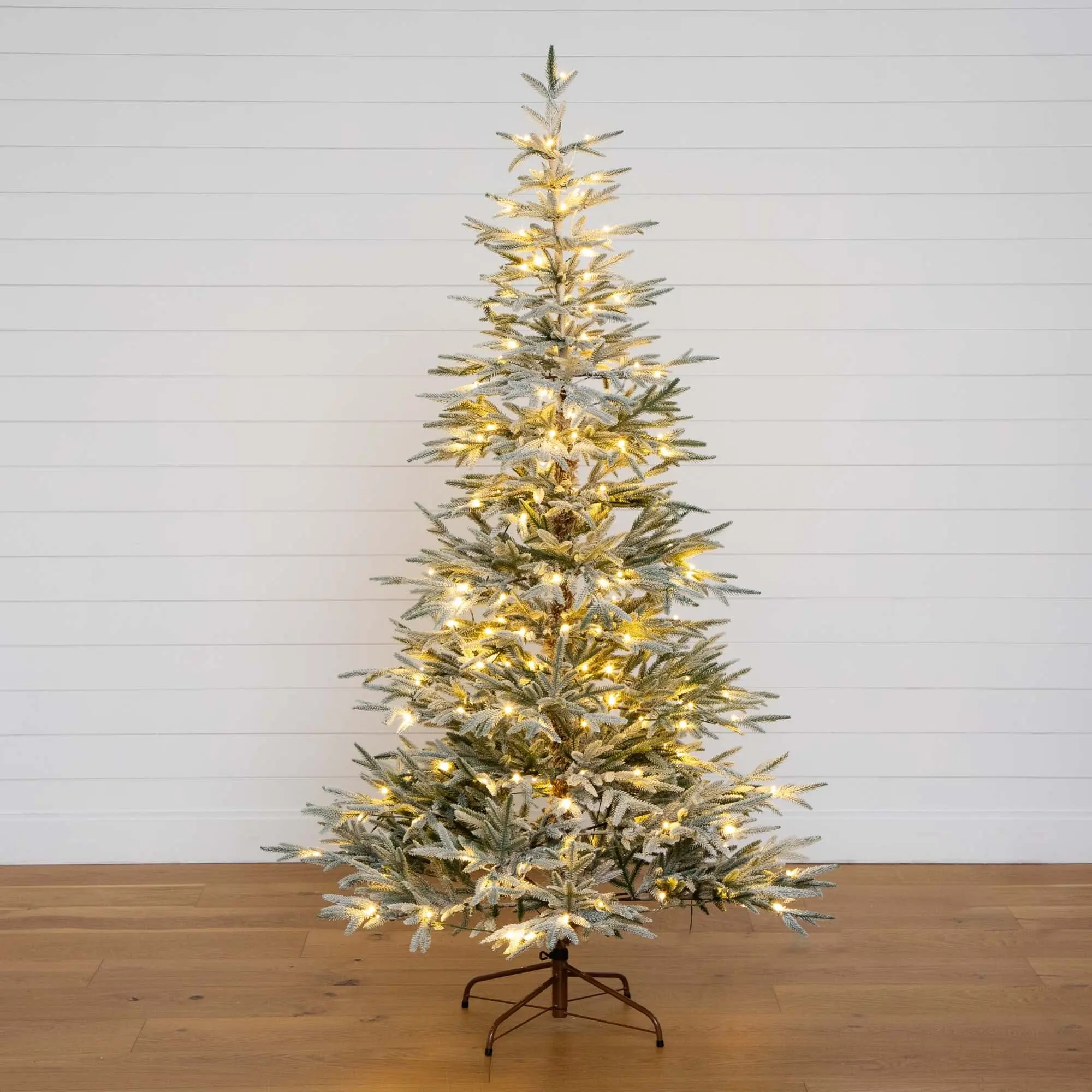 7ft Pre-Lit Minimalist Modern Artificial Flocked Woodland Fir Christmas Tree with Stand, High-Quality Materials, 200 Energy-Efficient Warm White LED Decorative Lights, Ornaments, Indoor Living Room Festive Home Decoration