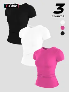 3pcs Women's Sporty Tight-Fit Short Sleeve Tops, Soft Seamless Yoga Gym Shirts, Comfortable for All Seasons, Fashion Fitness Clothing Set, Gym Clothes Workout, Athletic Yoga Tops, Athletic Apparel