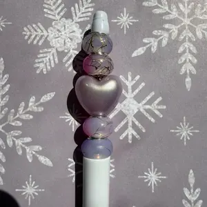 White Purple and Pink Beaded Pen with Heart Design and Unique Bead Arrangement