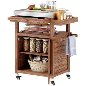 Outsunny Outdoor Grill Cart with Wheels and Storage Cabinet, Solid Wood Outdoor Kitchen Island with Stainless Steel Top, Movable Bar Cart with Drawer, Spice Rack, Side Handle for Camping, BBQ, Brown