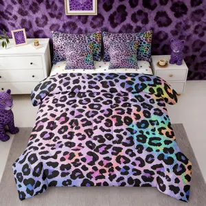 Purple Leopard Print Comforter Bed Set with Sheets,Watercolor Cheetah Print 7 Piece Bedding Set,Rainbow Ombre African Big Cat Fur Bed Bag,Tie Dye Bed Set