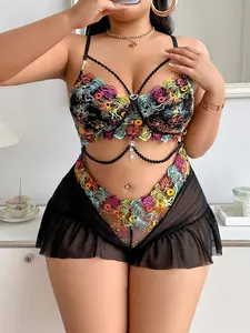 Plus Size Women's Embroidered Floral Valentine's Day Pajamas Set, Sexy Sleeveless Fitted Homewear, All Seasons Comfortable Sleepwear Loungewear Womenswear