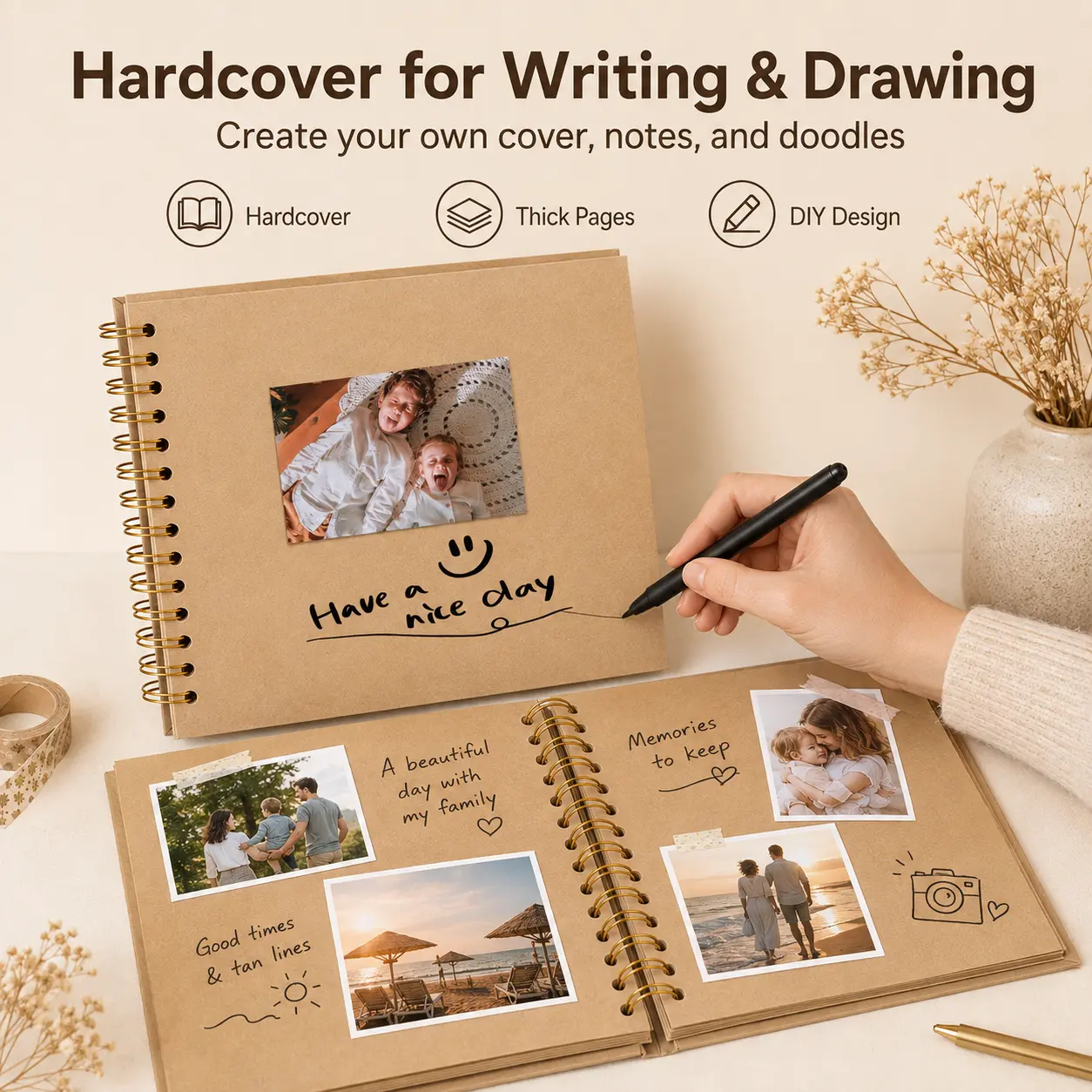 DIY Scrapbook Photo Album 8x8/10x10, Hardcover Kraft Paper Memory Book with Blank Pages for 4x6 and 5x7 Photos, Customizable Wedding Guest Book, Baby Memory Keepsake, Family Travel Journal and Holiday Gift Compact