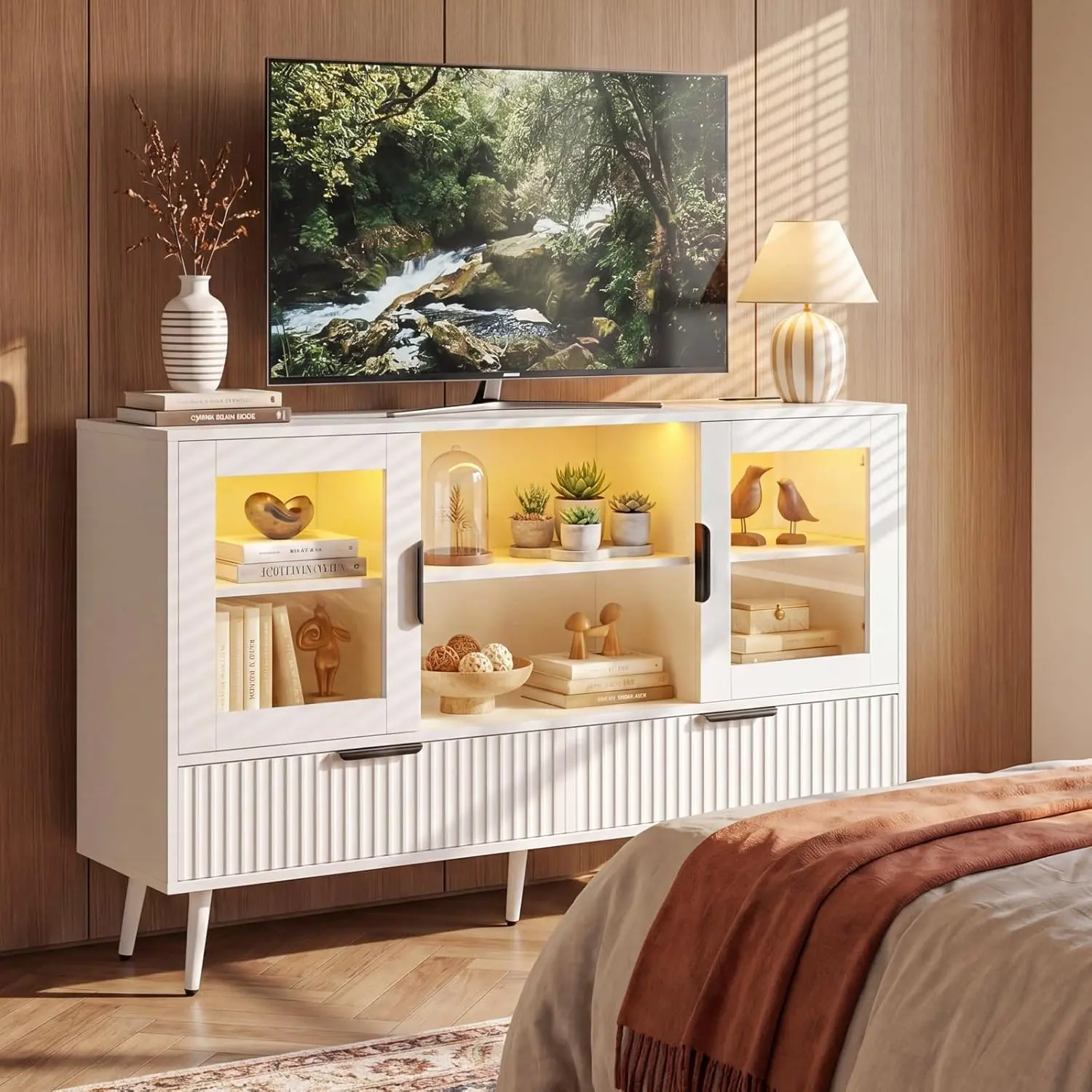 45" TV Stand with LED Lights & Power Outlet – Modern Entertainment Center with 8 Drawers, Fits TVs up to 55", Storage for Living Room Bedroom, Tv Console Table, Led Tv Stands