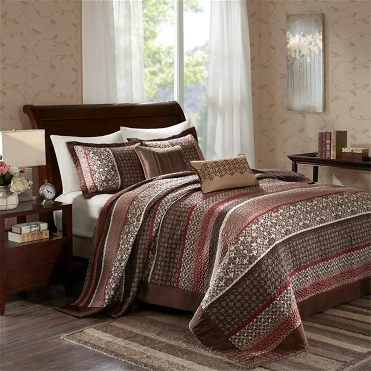 212 MAIN Decorative Bedding Set - 5-Piece Polyester Jacquard Queen Size Quilt Bedspread, Red & Ivory Leaf Print, Chocolate Brown Border, Medallion Motifs, Classic Bedspreads & Coverlets, Quilt Set Bedspread