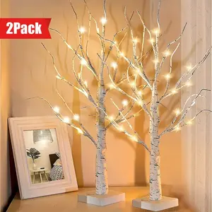 2-piece set of 24-inch white birch tree decorations, featuring 48 LED lights, flexible branches, battery-powered, suitable for bedrooms, offices, weddings, Halloween, Christmas decorations, and indoor home desktop decorations led  tree