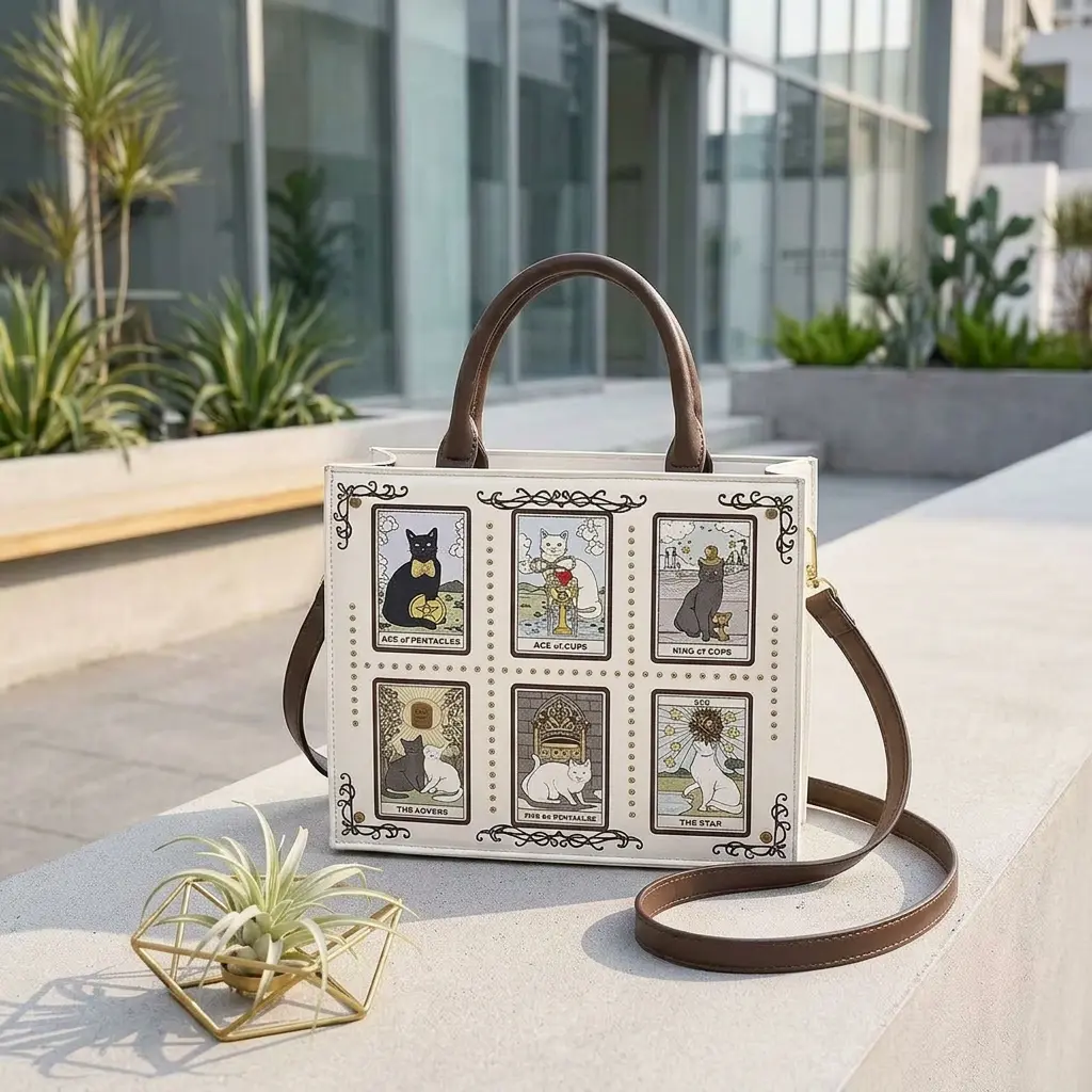 Women's 2026 Vintage Cat Tarot Card 6-Grid PU Leather Satchel - Durable, Animal-Themed, Carry-All, Top Handle, Shoulder Strap, Retro Aesthetic, Lightweight Hobo Crossbody, Unique Everyday Handbag, Durable Women's Handbags, Animal-Themed Women's Handbags