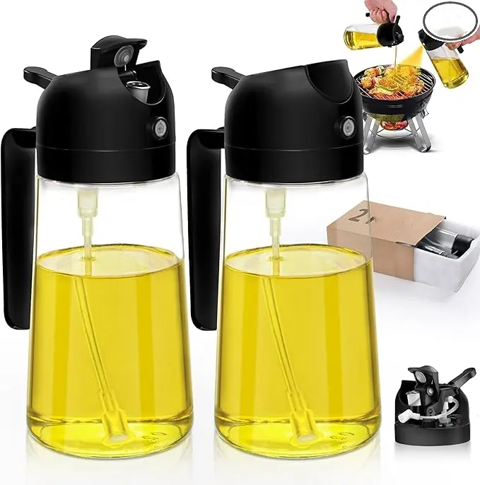 2 Pack 16oz/470ml Glass Olive Oil Sprayer for Cooking with Stickers, 2 in 1 Oil Dispenser for Kitchen Gadgets, Food Grade Premium Spray Bottle with Portion Control for Salad, Frying, BBQ