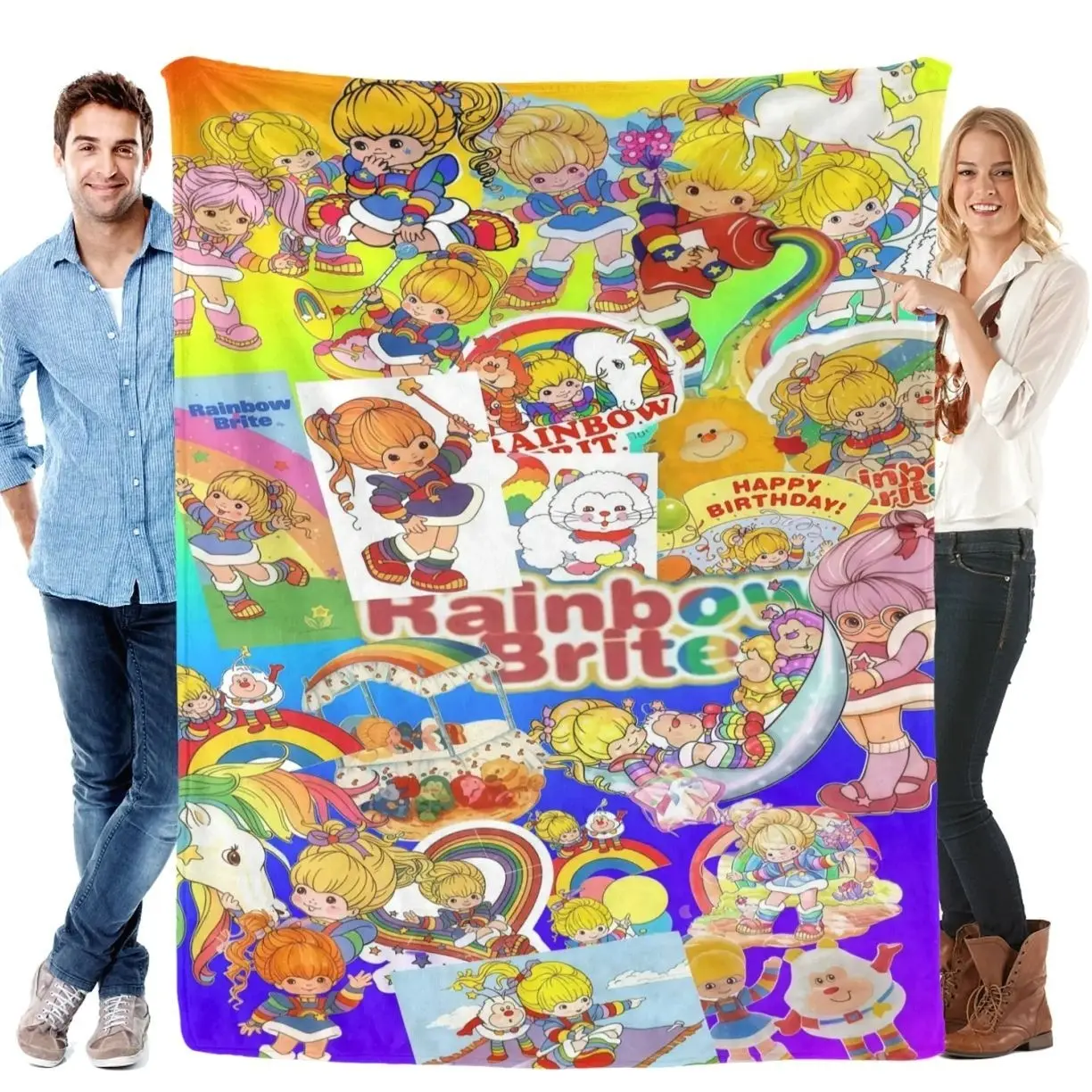 Rainbow Brite 80s Retro Cartoon Flannel Fleece Blanket Ultra Soft Cozy Warm Plush Throw Blanket HD Print for Kids Adults Nostalgia Fans Bedroom Couch Sofa Decor Birthday Gift Vintage Style