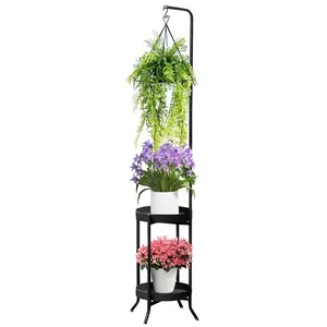2 Tier Tall Metal Plant Stand With Hanger, Indoor Outdoor Multiple Flower Pot Holder Shelf