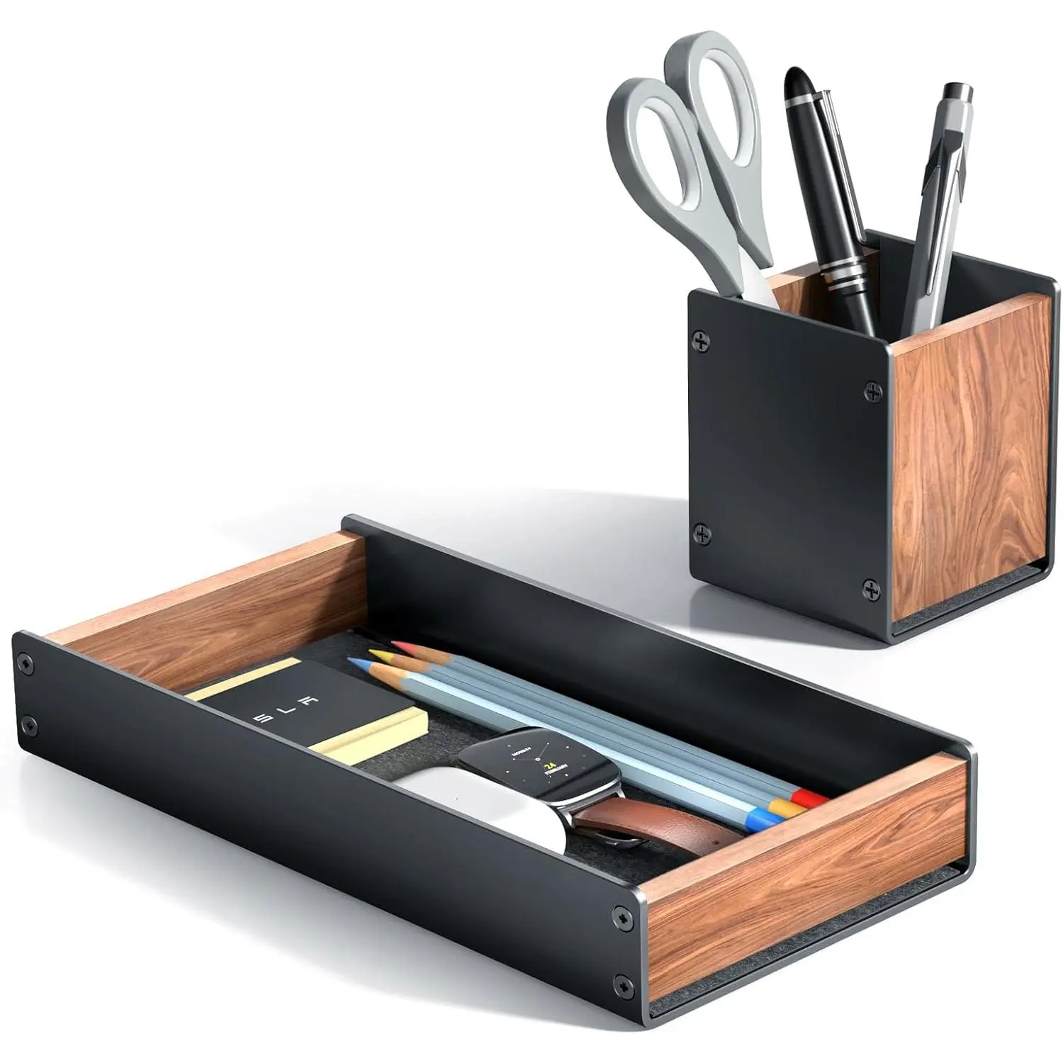Walnut Desk Tray with Pen Holder Set,  Wooden Desk Drawer Organizer Office, Desk Organizer Tray for , Pen, Watch