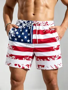 Men's American Flag Printed Summer Swim Trunks with Inner Mesh, Quick-Dry Beach Shorts, Loose-Fitting, Ideal for Coastal Vacations