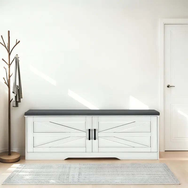 2-Tier Storage Bench, Farmhouse Shoe Bench with Padded Seat Cushion, Entryway Bench with 2 Barn Doors & 2 Adjustable Shelves, 13.75" D x 39.4" W x 17.72" H, for Entryway, Bedroom, Living Room, White    RR