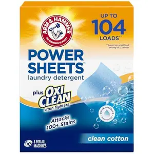 ARM & HAMMER Power Sheets Laundry Detergent Plus OxiClean Stain Fighters, Clean Cotton Scent, 52 Count, 104 Medium Loads