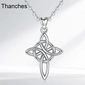 Thanches Celtic Knot Cross Necklace S925 Sterling Silver Pendant Irish Religious  Witch Knot Faith  Accessory Protection Amulet Jewelry for Men Women
