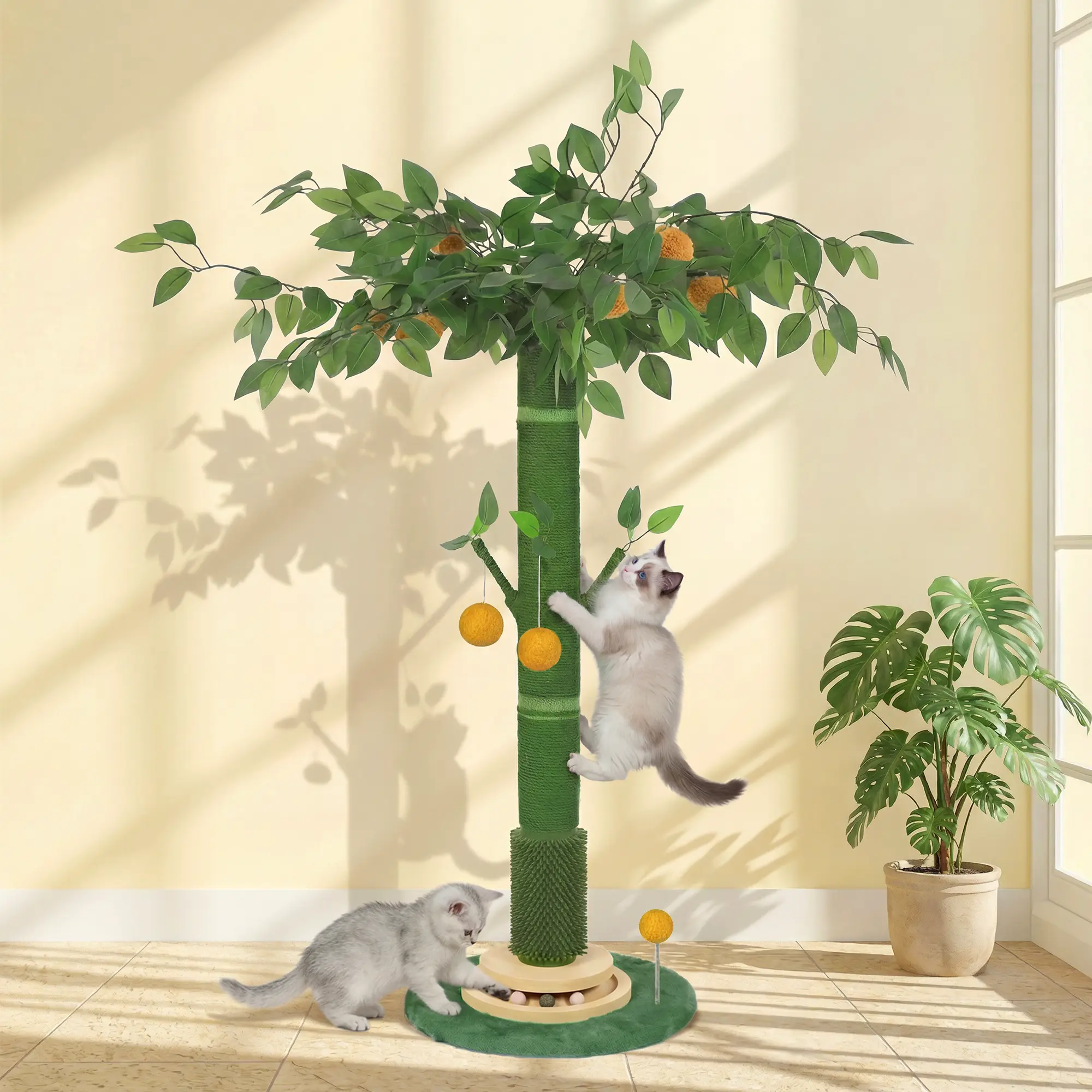 53" Extra Tall Cat Scratching Post for Large Cats, Heavy Duty Vertical Scratcher with Natural Sisal Rope, Stable Climbing Pole with Hanging Ball for Full Body Stretching